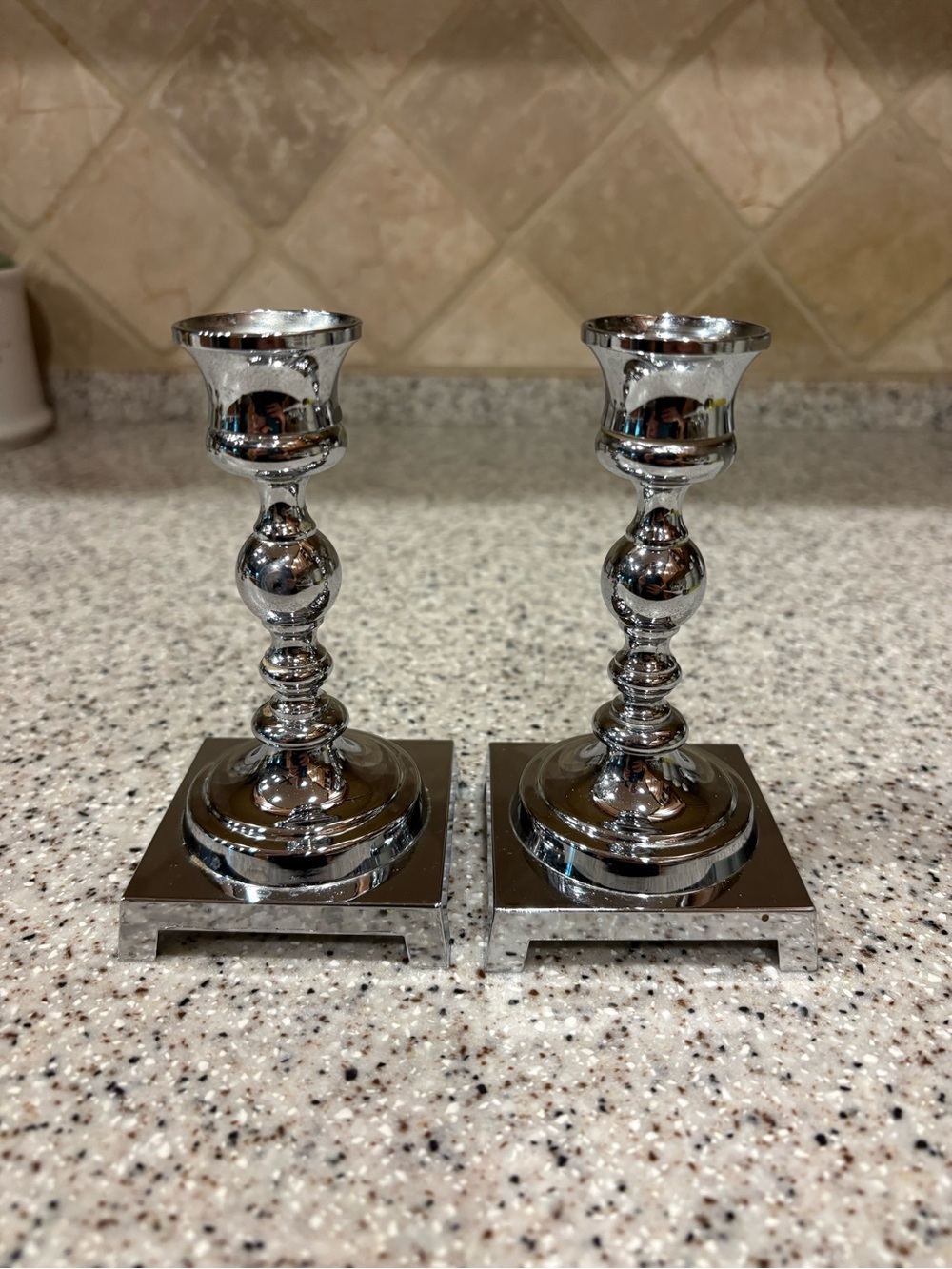 Set Of 2 Silver Colored Chrome Retro CandleStick Candle Holders